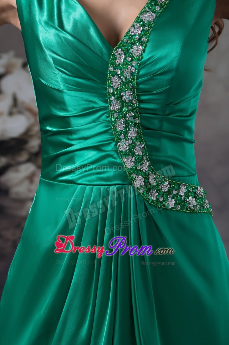 Teal V-neck Ruched Prom Dress with Beading Appliques for Party