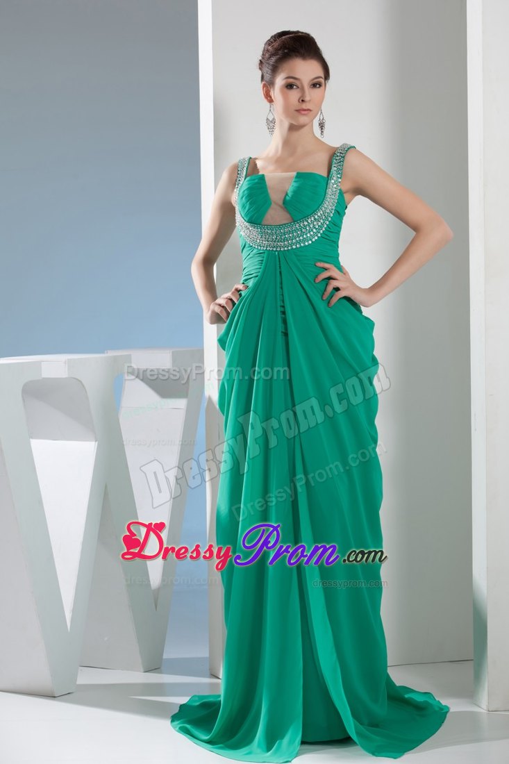 Beautiful Ruching and Beading for Green Prom Dress with Sweep