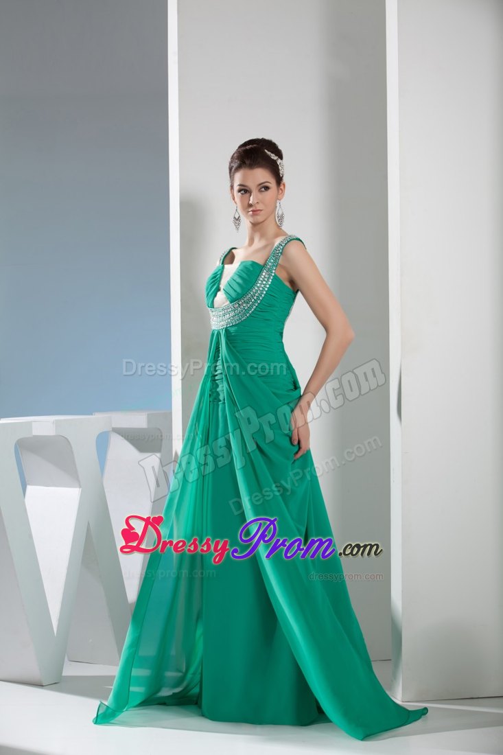 Beautiful Ruching and Beading for Green Prom Dress with Sweep