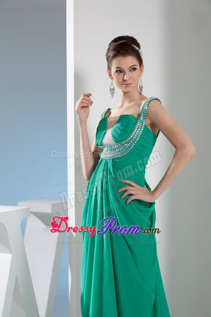 Beautiful Ruching and Beading for Green Prom Dress with Sweep