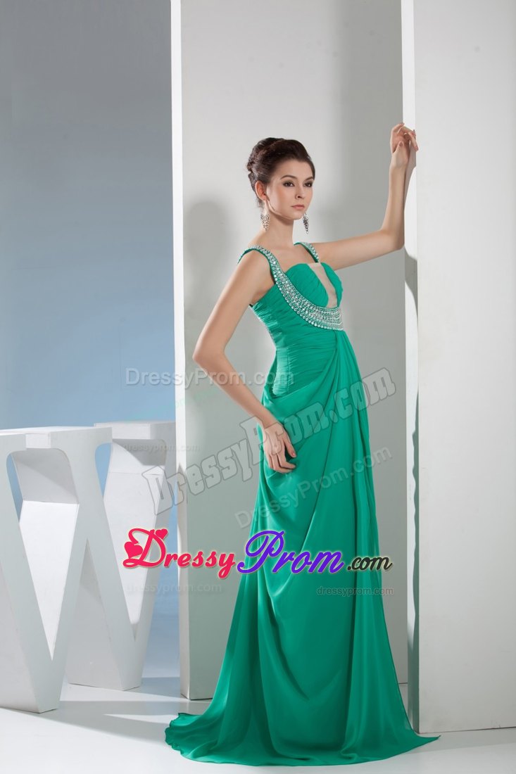 Beautiful Ruching and Beading for Green Prom Dress with Sweep