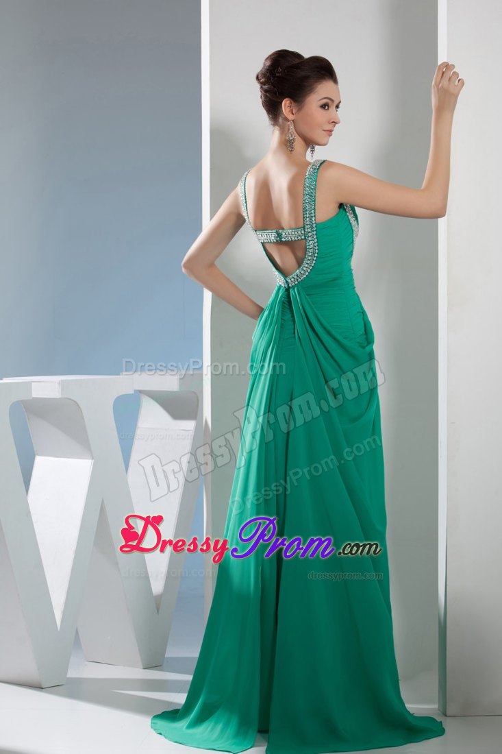Beautiful Ruching and Beading for Green Prom Dress with Sweep
