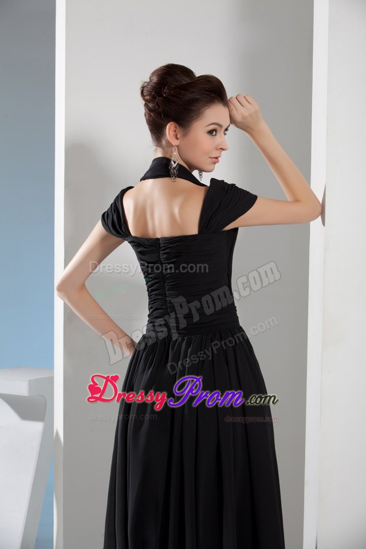 Princess Halter-top Floor-length Ruching Black Prom Dress in Vancouver