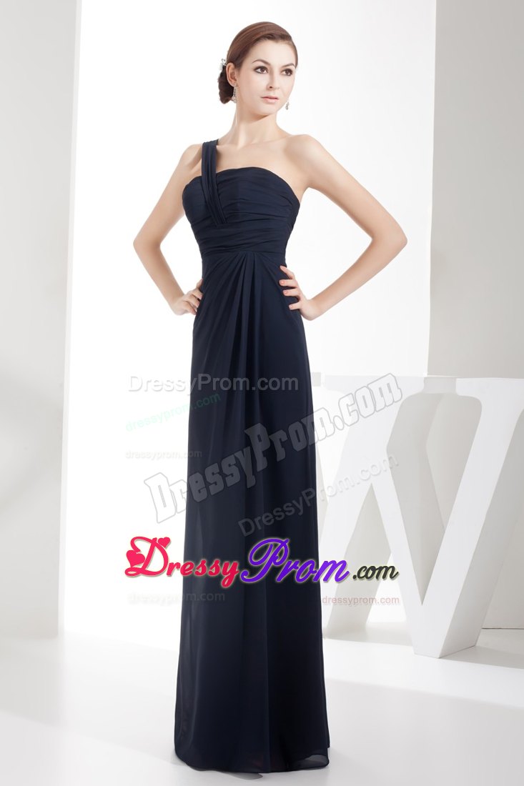 Column Navy Blue Chiffon Ruched Prom Gowns with One Shoulder