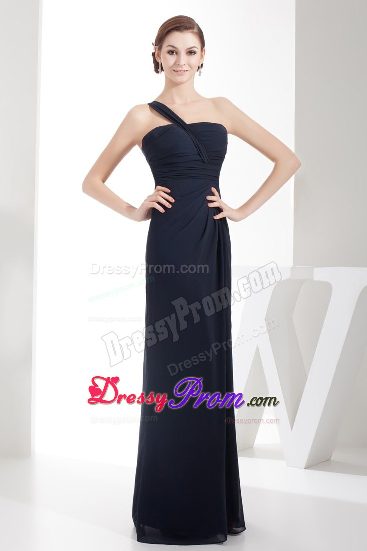 Column Navy Blue Chiffon Ruched Prom Gowns with One Shoulder