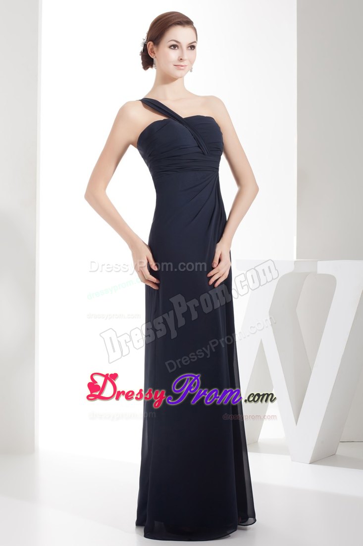 Column Navy Blue Chiffon Ruched Prom Gowns with One Shoulder