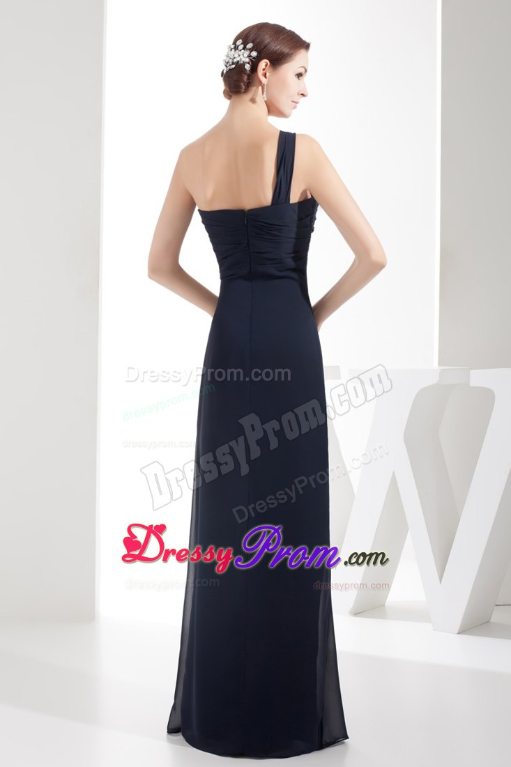 Column Navy Blue Chiffon Ruched Prom Gowns with One Shoulder