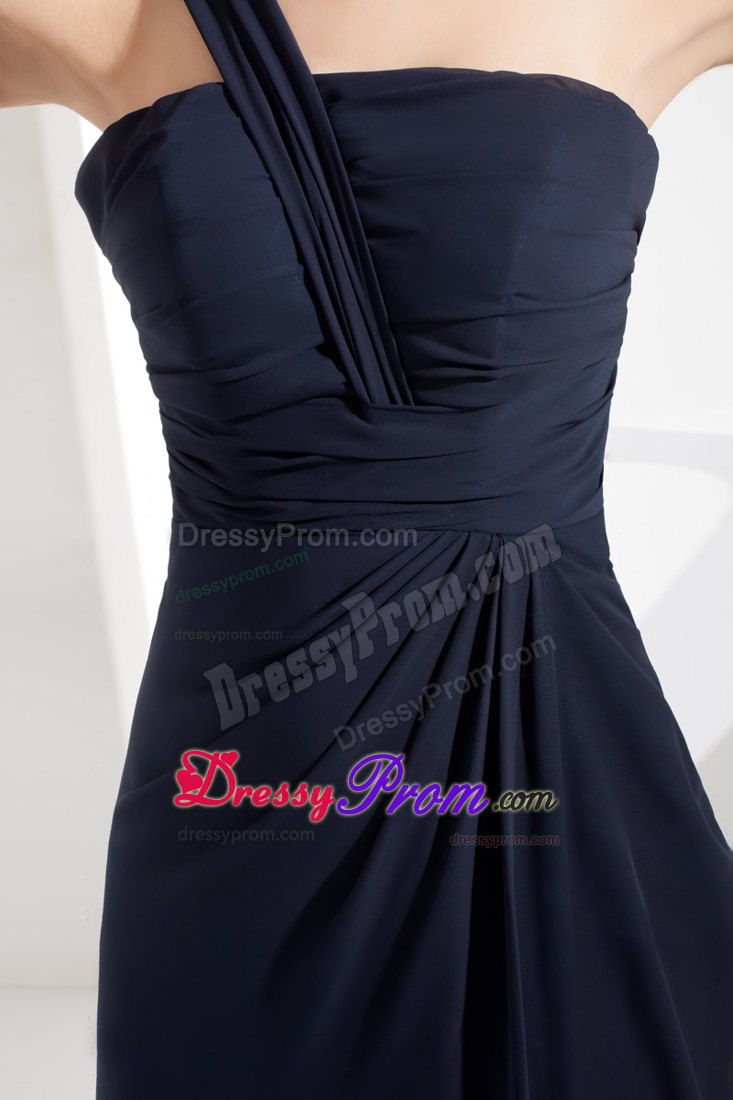 Column Navy Blue Chiffon Ruched Prom Gowns with One Shoulder