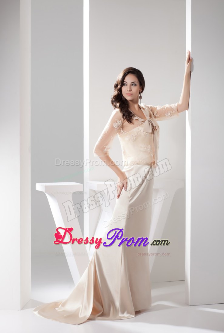 Jacket Matching Sheath Prom Gown in Champagne with Watteau