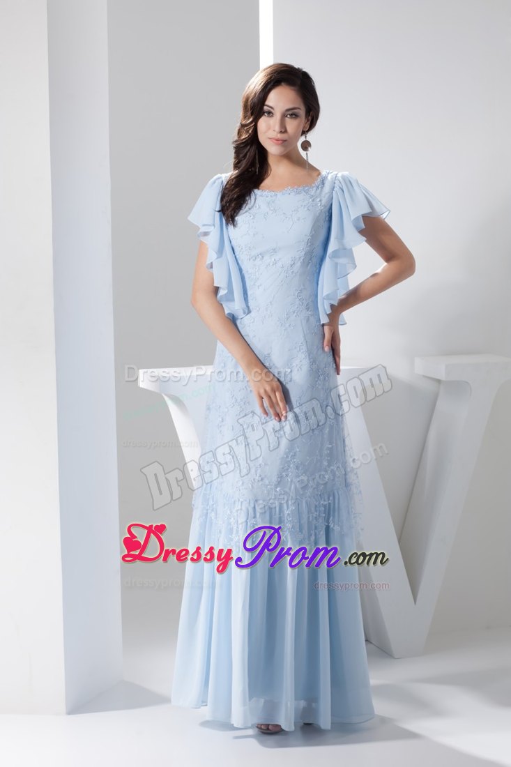 Ruffled Short Sleeves Scoop Prom Dress in Light Blue