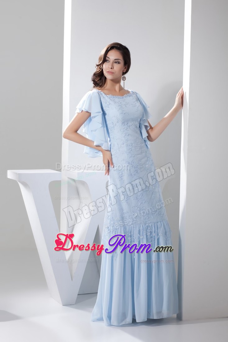 Ruffled Short Sleeves Scoop Prom Dress in Light Blue