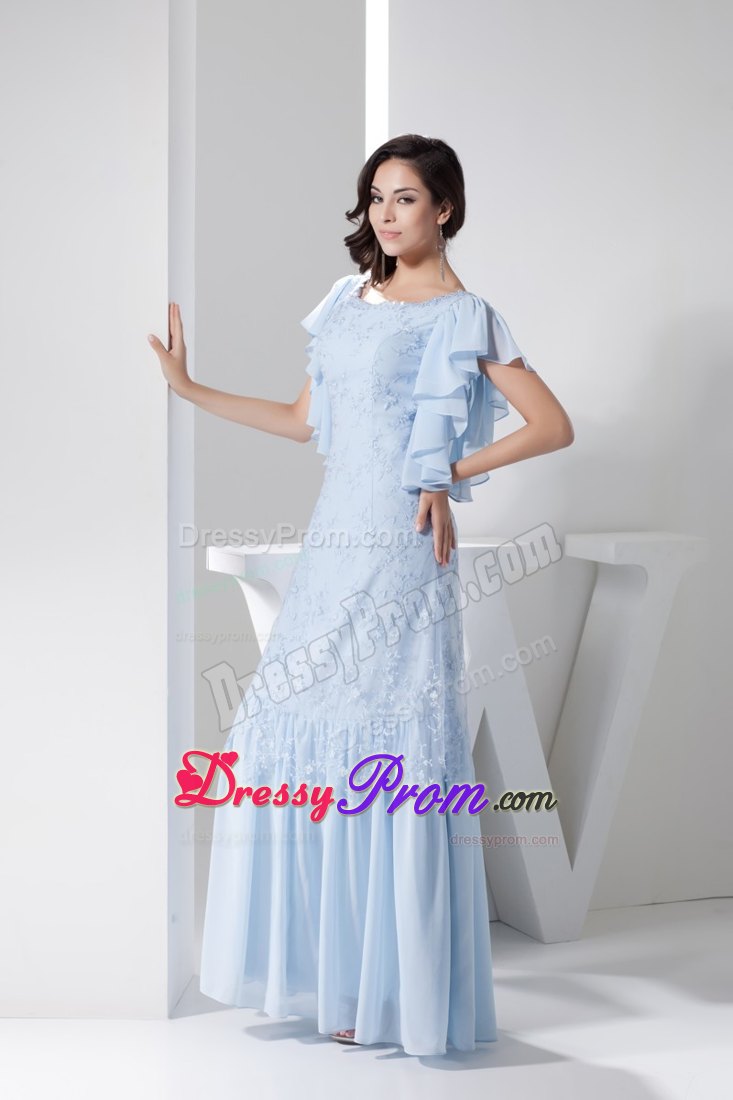 Ruffled Short Sleeves Scoop Prom Dress in Light Blue