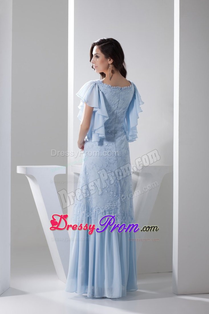 Ruffled Short Sleeves Scoop Prom Dress in Light Blue