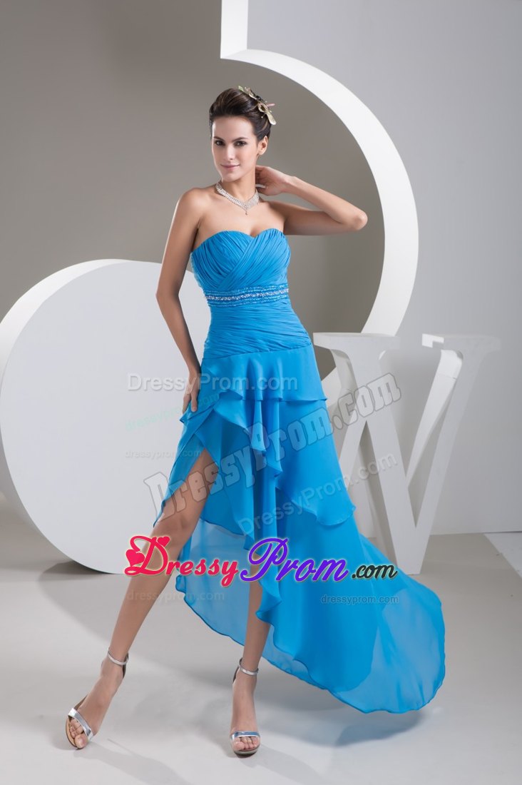 Ruche Beading and Back Cut Prom Dresses with Asymmetrical Hem