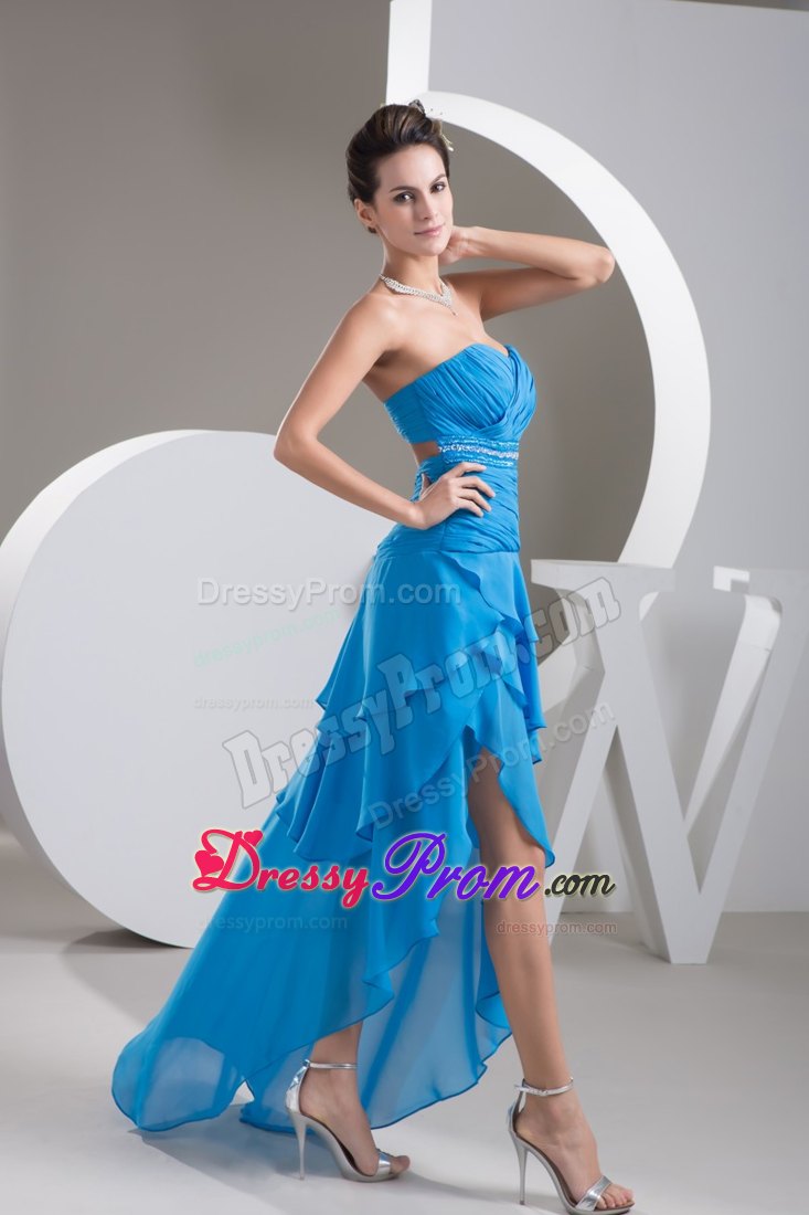 Ruche Beading and Back Cut Prom Dresses with Asymmetrical Hem