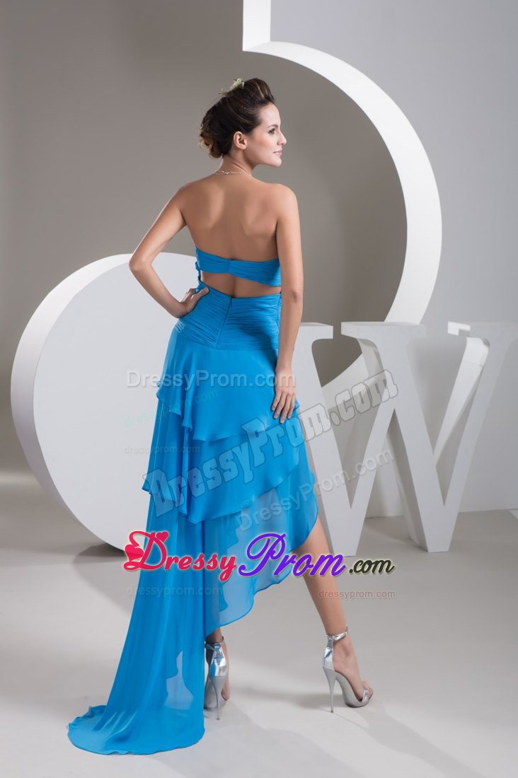 Ruche Beading and Back Cut Prom Dresses with Asymmetrical Hem