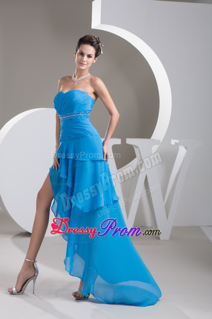 Ruche Beading and Back Cut Prom Dresses with Asymmetrical Hem