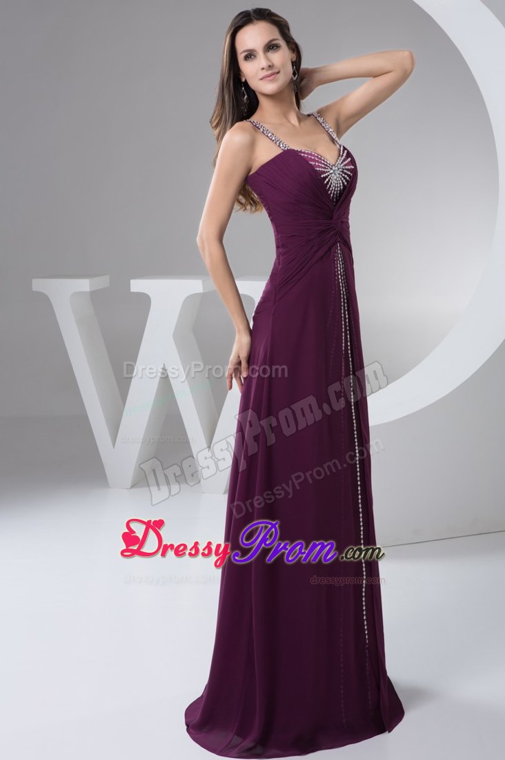 Purple Ruches and Beading for Prom Evening Dress with Brush