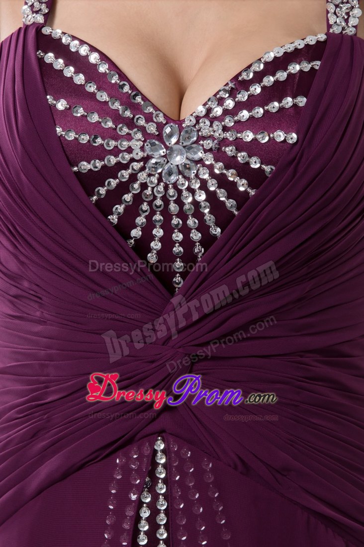 Purple Ruches and Beading for Prom Evening Dress with Brush