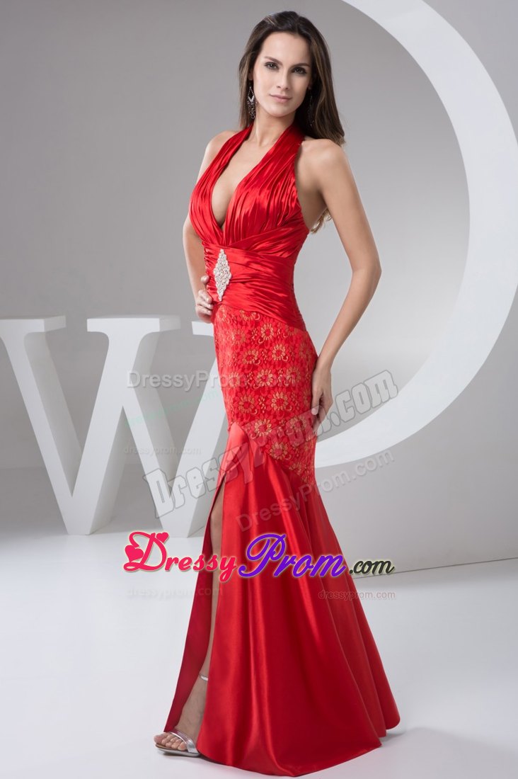 Ruching Halter Patterned Prom Celebrity Dress with Plunging Neckline