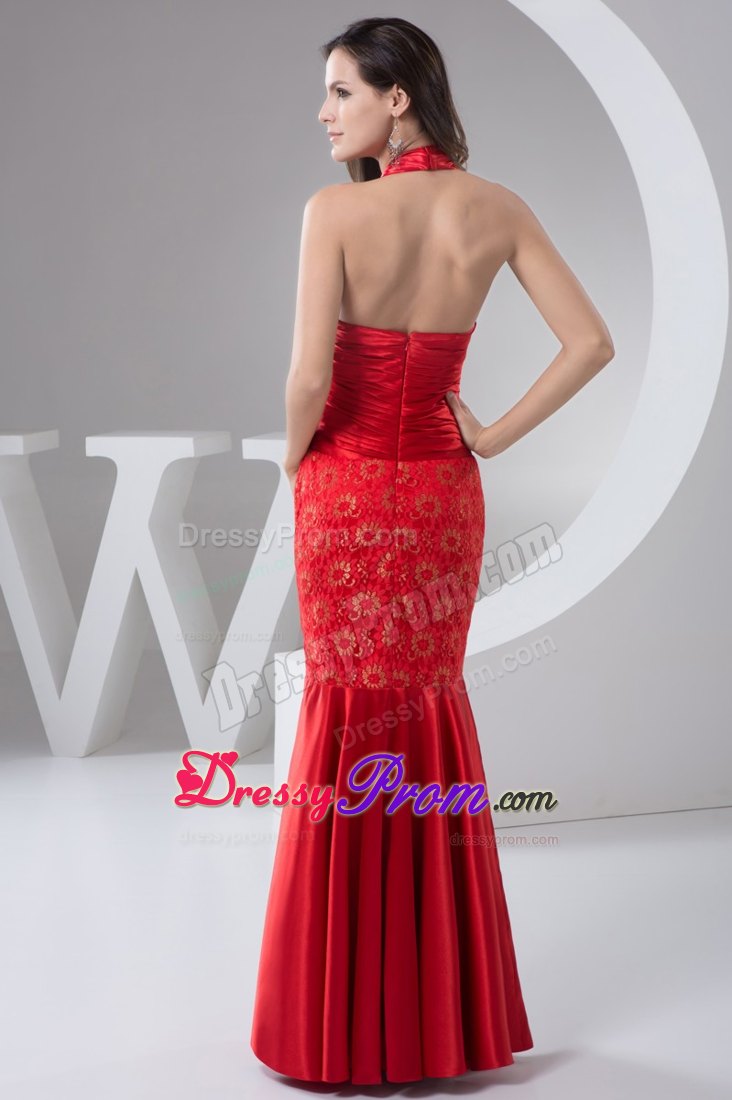 Ruching Halter Patterned Prom Celebrity Dress with Plunging Neckline