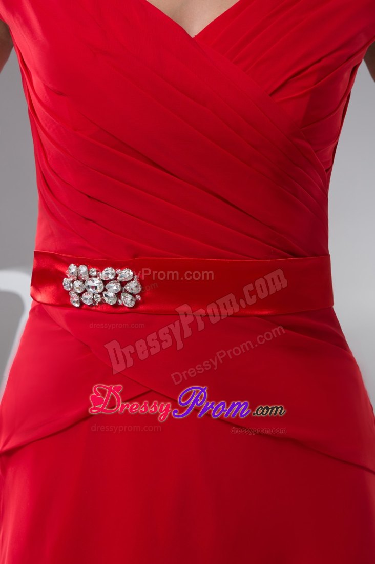 Off-the-shoulder Red Prom Holiday Dress with Beading and Pleats
