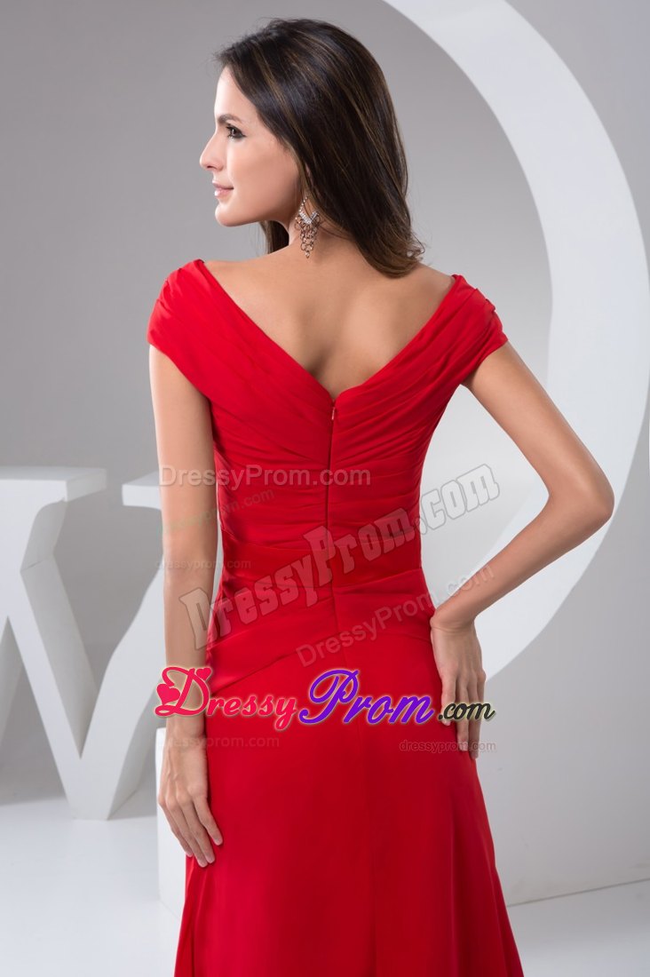 Off-the-shoulder Red Prom Holiday Dress with Beading and Pleats