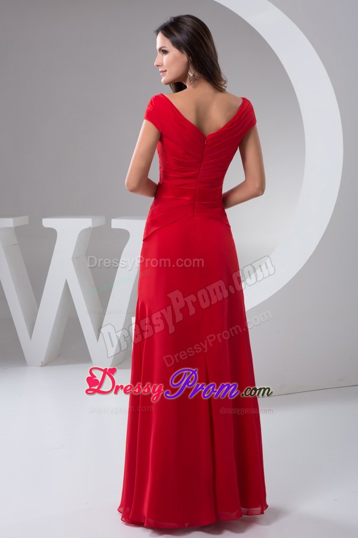 Off-the-shoulder Red Prom Holiday Dress with Beading and Pleats
