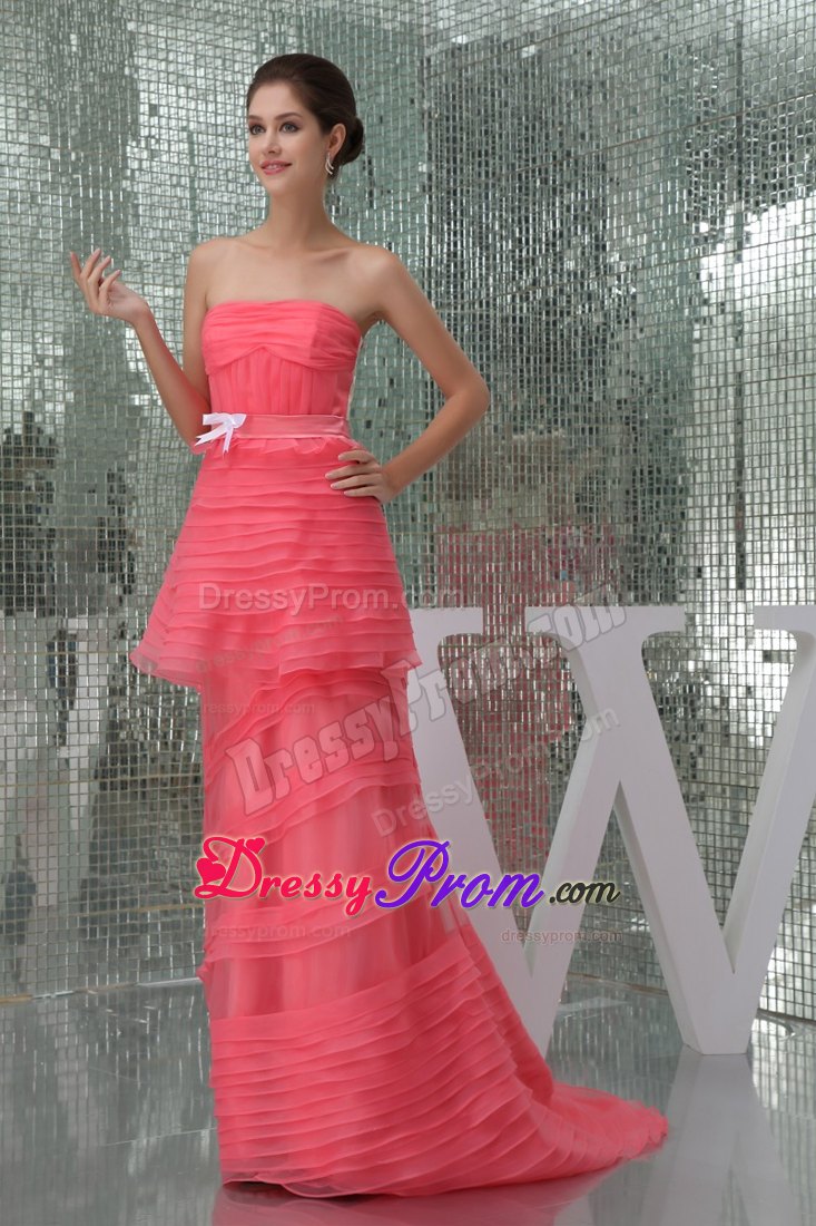 Watermelon Strapless Brush Train Prom Mother Of The Bride Dresses