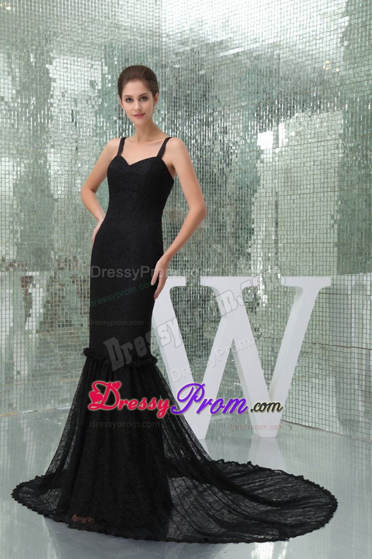 Mermaid Brush Train Sweetheart Straps Black Prom Formal Dress