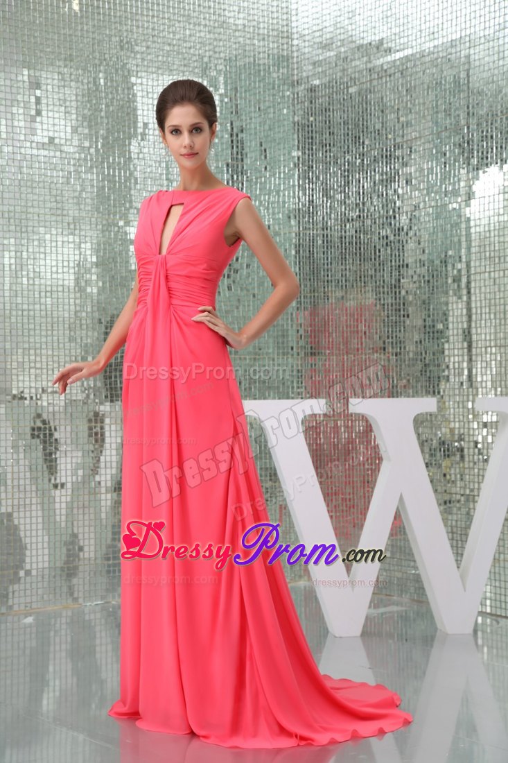Bateau Keyhole Small Train Watermelon Prom Dress in Edmonton