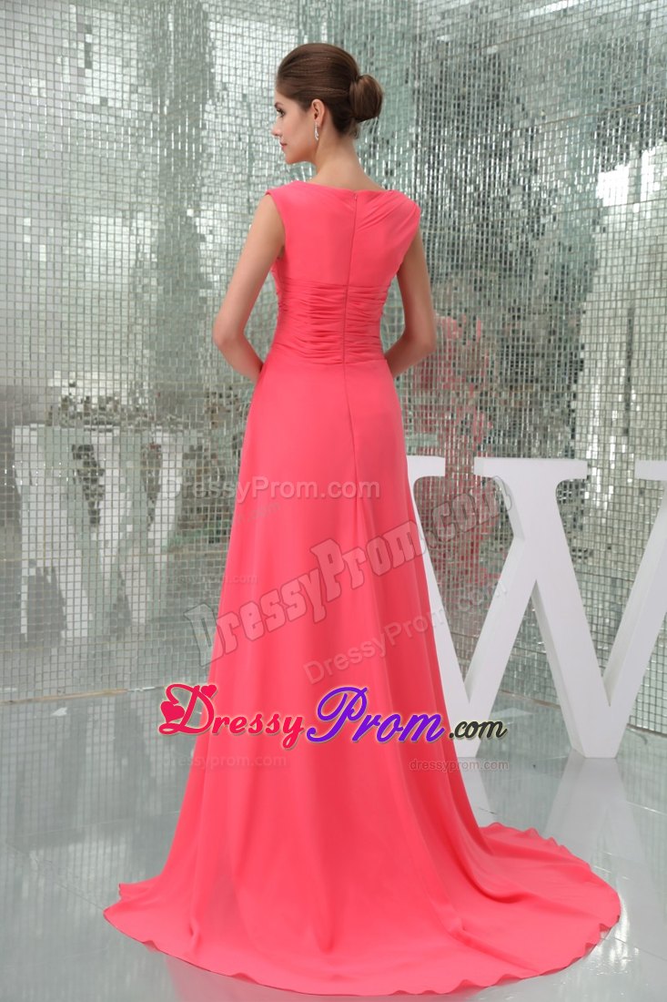 Bateau Keyhole Small Train Watermelon Prom Dress in Edmonton