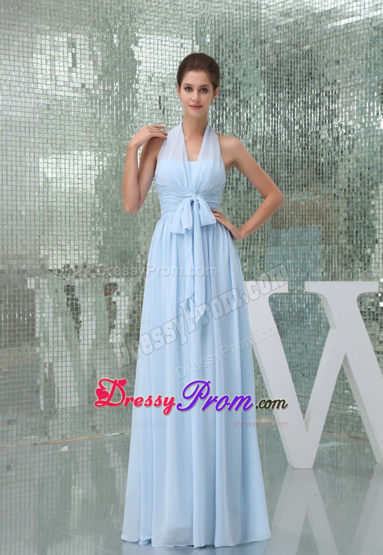 Light Blue Halter Ruched Long Prom Gown Dress with Sash