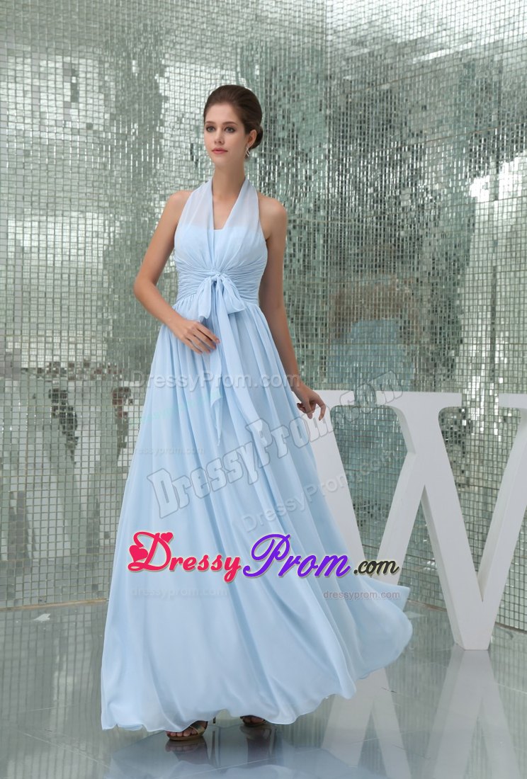 Light Blue Halter Ruched Long Prom Gown Dress with Sash