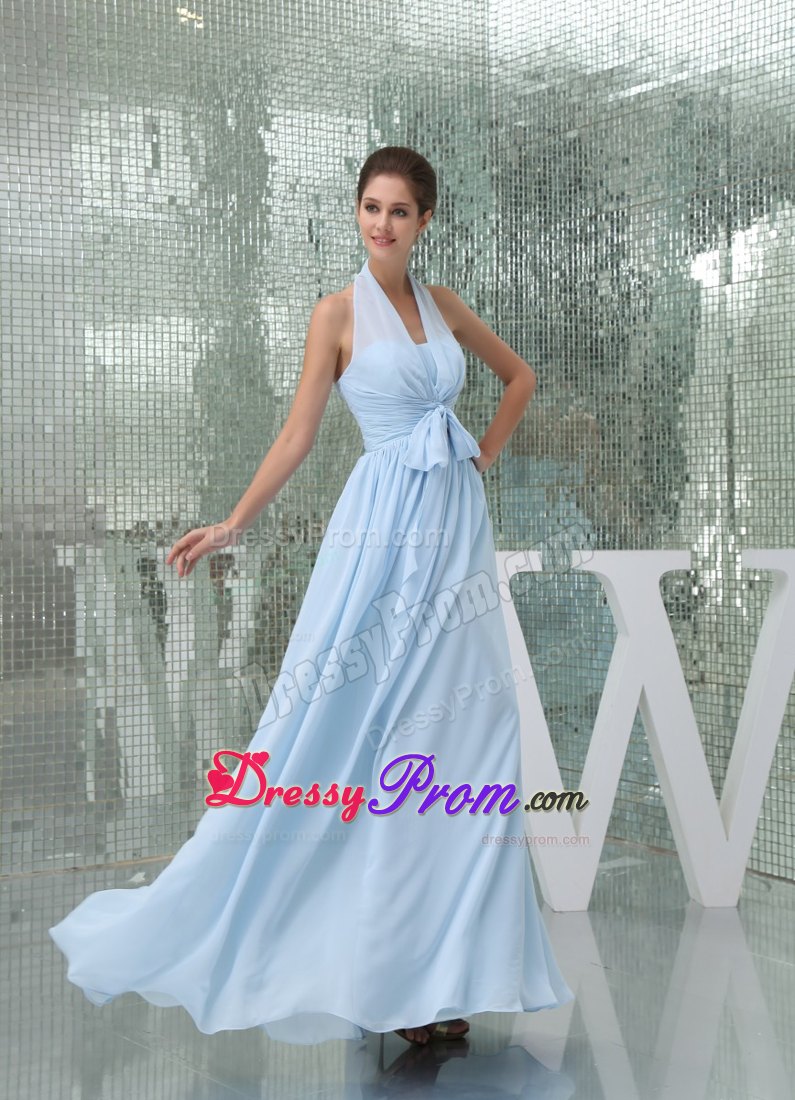 Light Blue Halter Ruched Long Prom Gown Dress with Sash