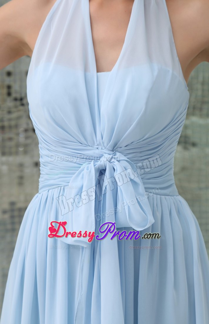 Light Blue Halter Ruched Long Prom Gown Dress with Sash