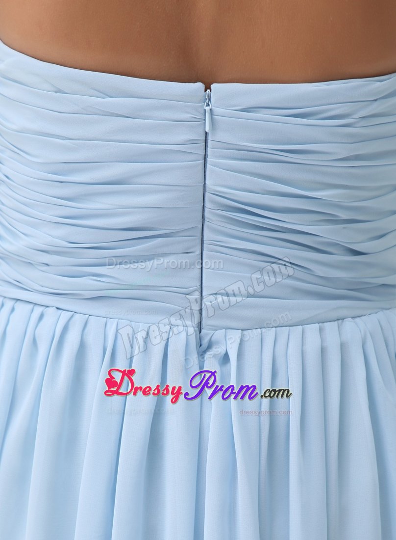 Light Blue Halter Ruched Long Prom Gown Dress with Sash