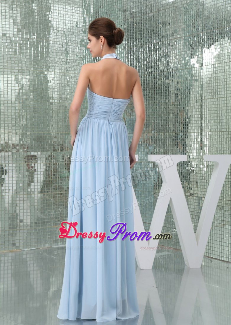 Light Blue Halter Ruched Long Prom Gown Dress with Sash