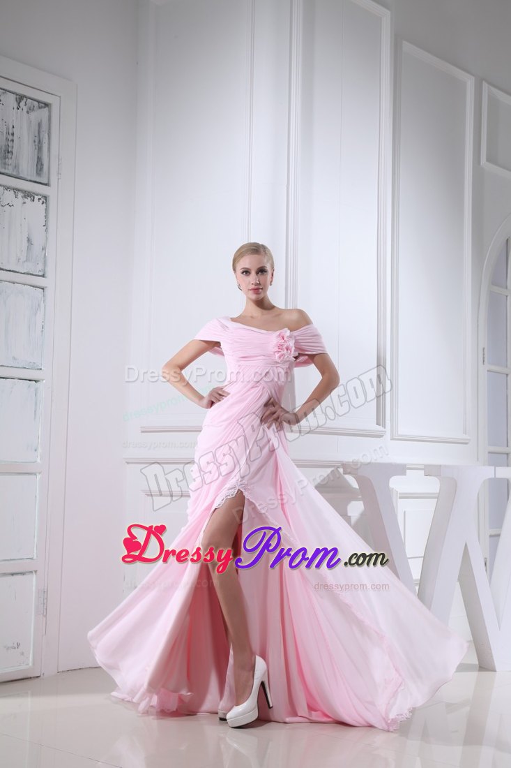 Off-the-shoulder Slitted Chiffon Prom Dress for Girls in Baby Pink