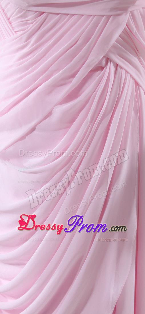 Off-the-shoulder Slitted Chiffon Prom Dress for Girls in Baby Pink