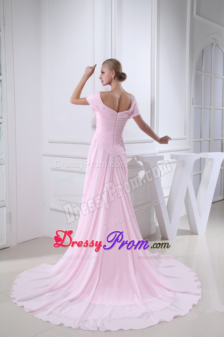 Off-the-shoulder Slitted Chiffon Prom Dress for Girls in Baby Pink