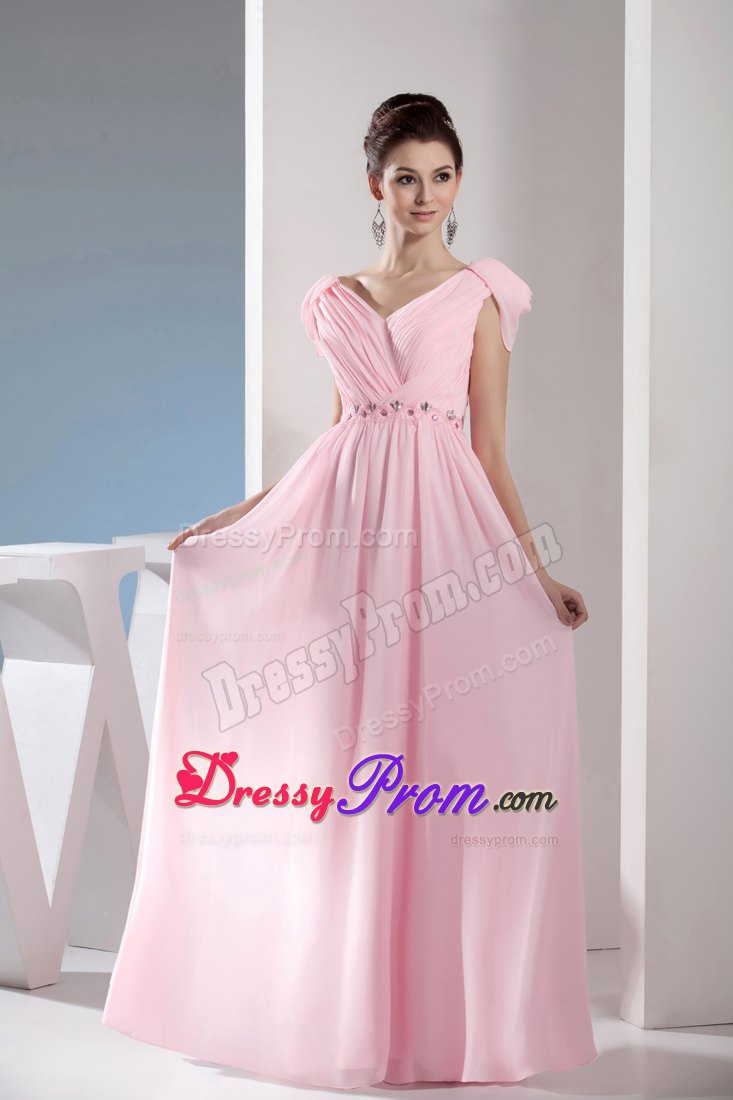 Beading Accent V-neck Pink Prom Dress with Side Zipper