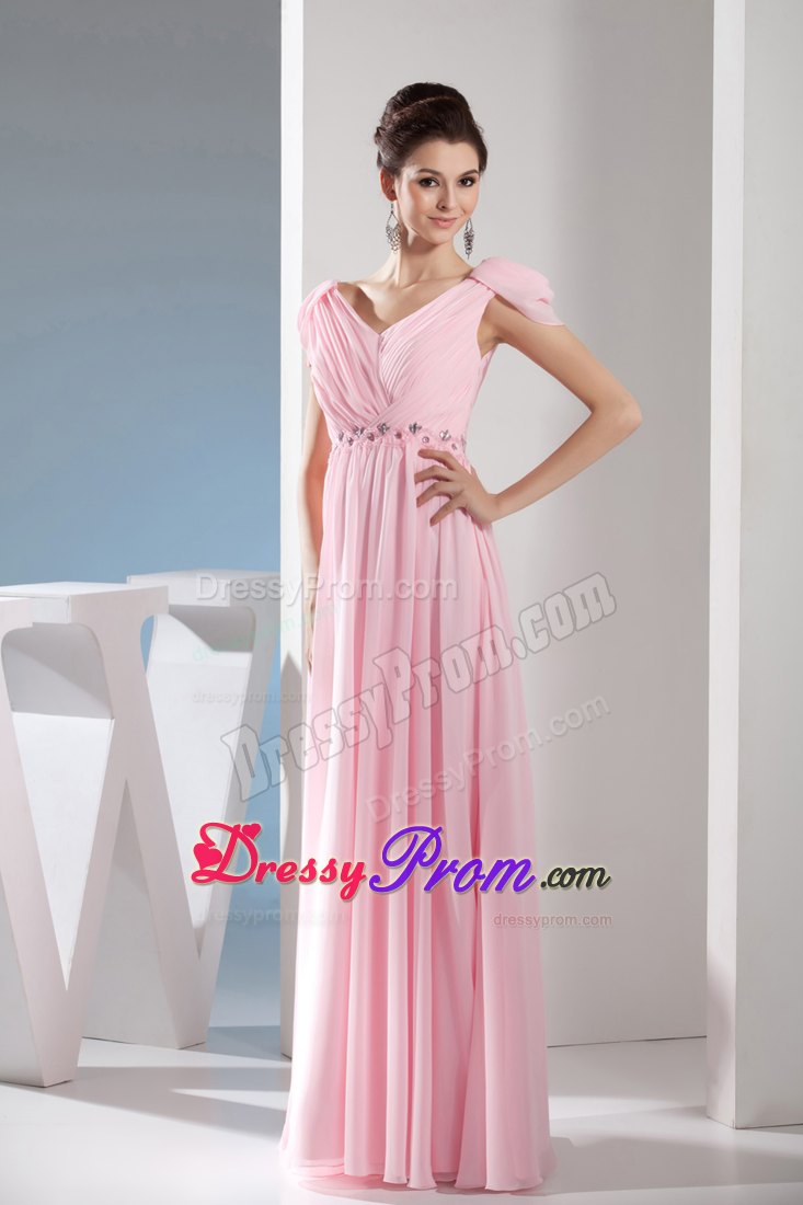 Beading Accent V-neck Pink Prom Dress with Side Zipper