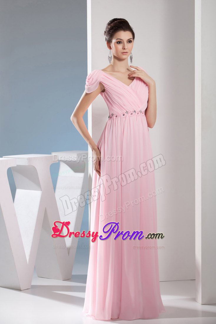 Beading Accent V-neck Pink Prom Dress with Side Zipper