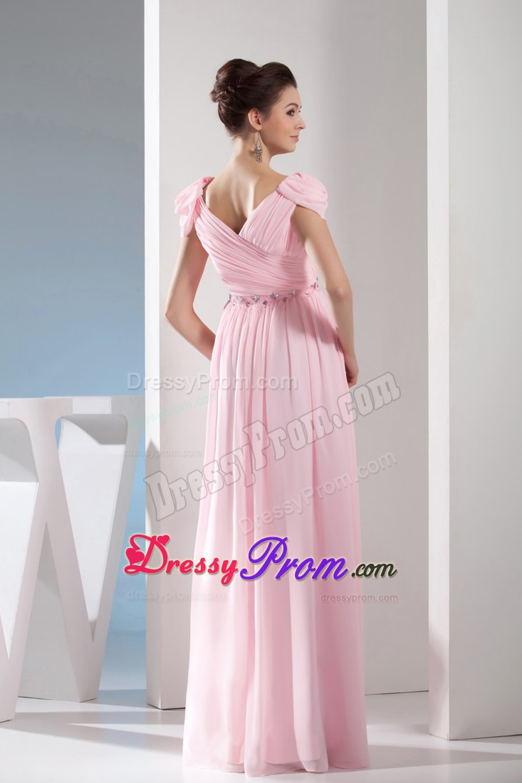 Beading Accent V-neck Pink Prom Dress with Side Zipper