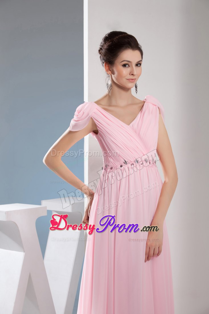 Beading Accent V-neck Pink Prom Dress with Side Zipper