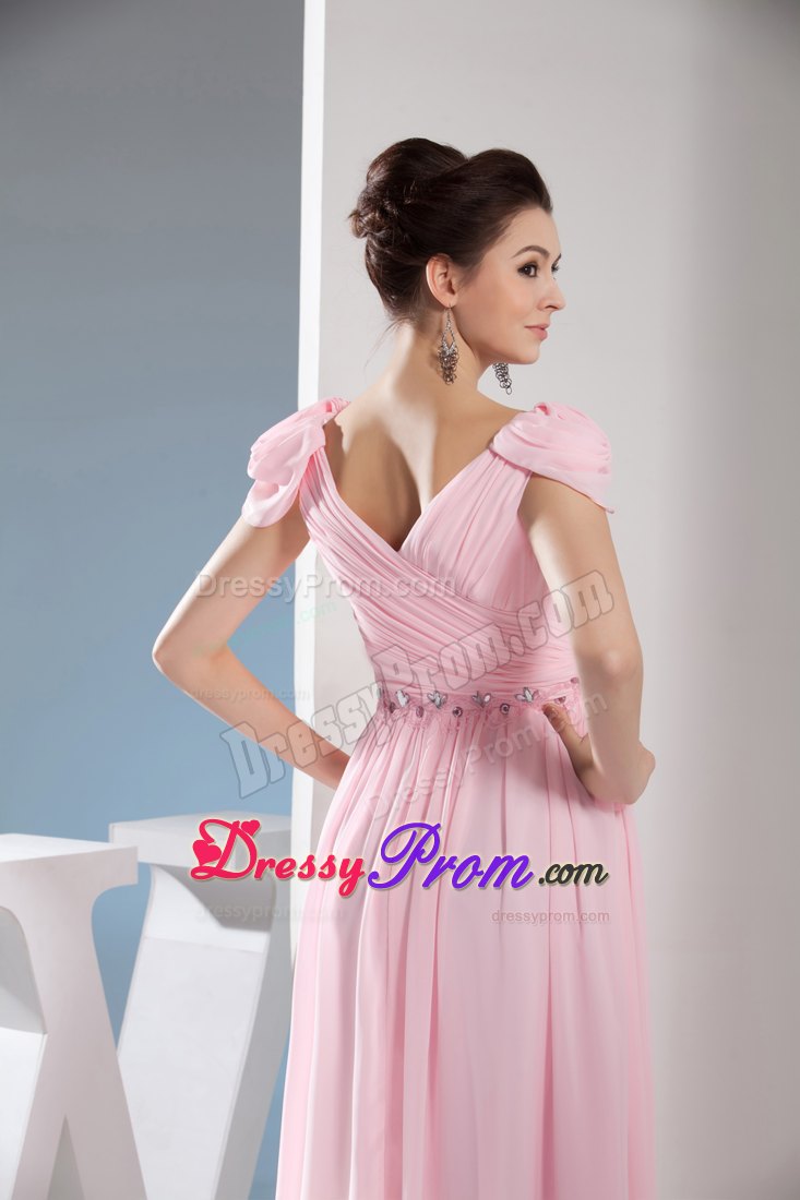 Beading Accent V-neck Pink Prom Dress with Side Zipper