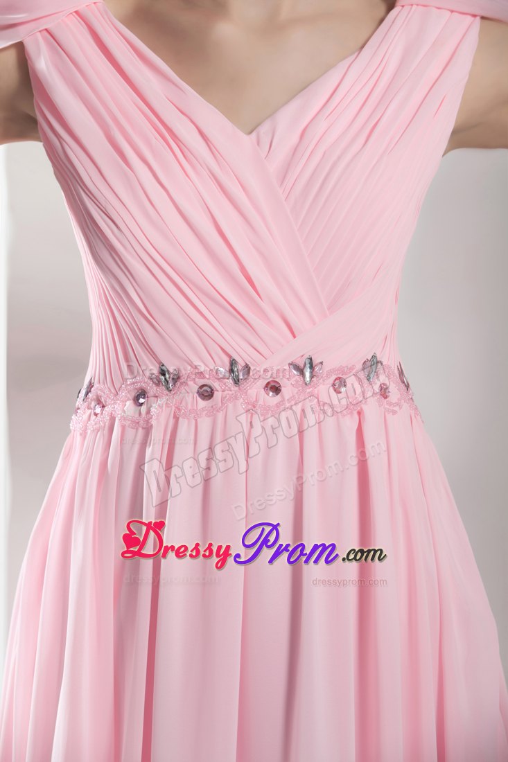 Beading Accent V-neck Pink Prom Dress with Side Zipper