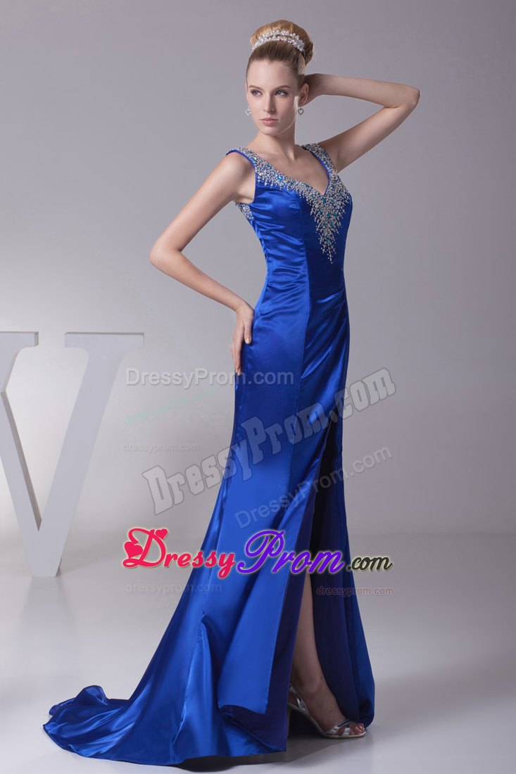 Beaded V-neck Royal Blue High Slit Brush Train Prom Dresses