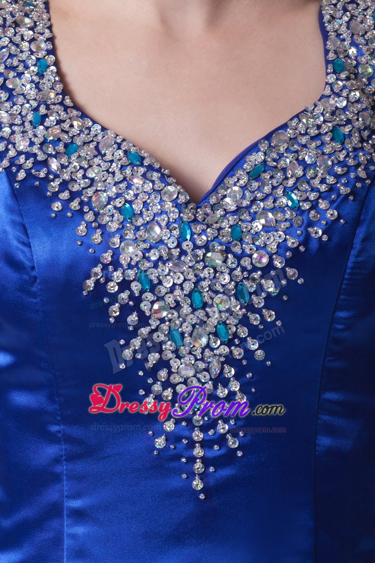 Beaded V-neck Royal Blue High Slit Brush Train Prom Dresses